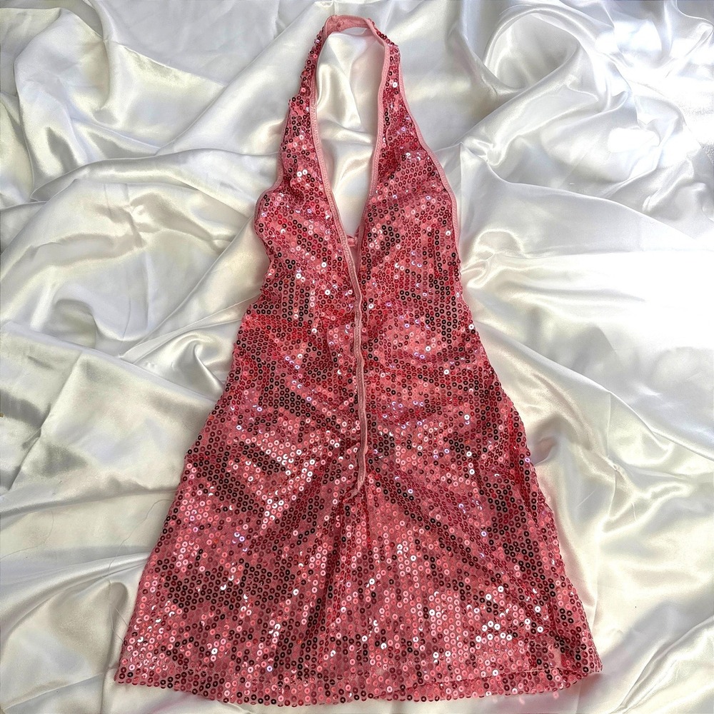 Pink Lipstick Sequin Halter Mini Dress Pink Safety Pin Detail M/L Party Clubwear